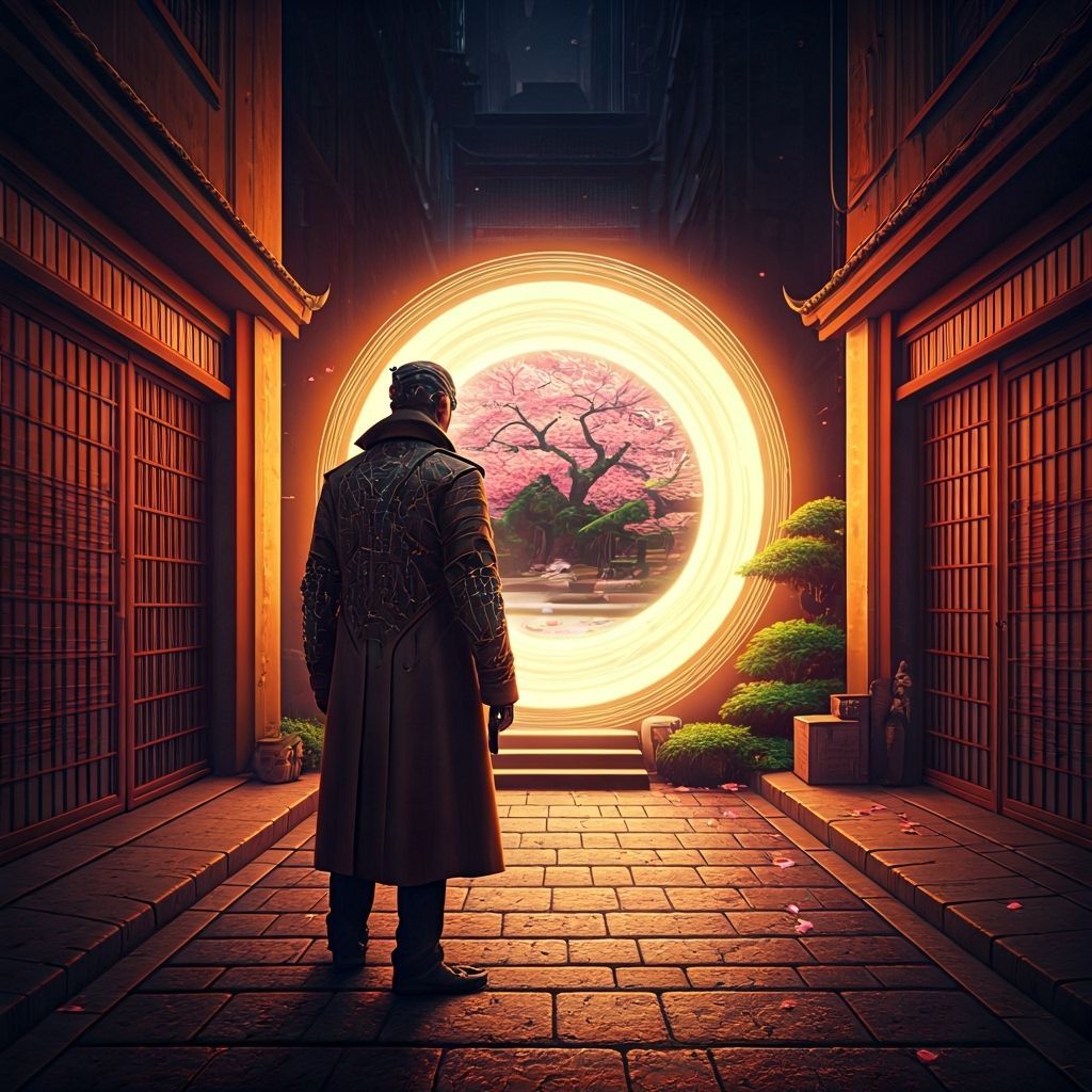 A futuristic cyberpunk detective stands in a dimly lit alleyway, investigating a shimmering portal that leads to a tranquil, ancient Zen gar...