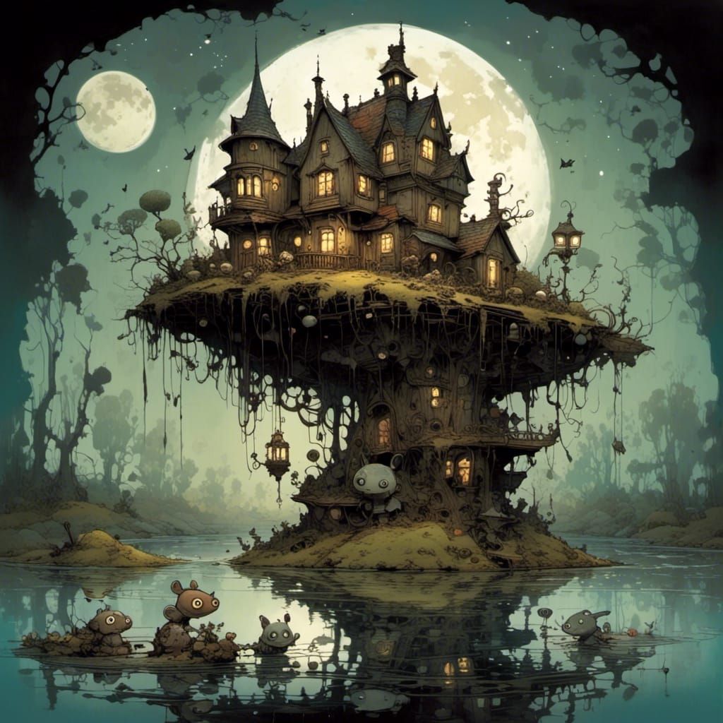 A moonlit night over a pond, surreal, by Brian Kesinger, Alexander Jansson, and Jean Baptiste Monge, smooth, perfect, high definition, heavy...