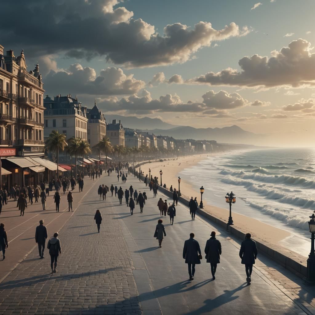 People walking on a boulevard with the seashore on the backg...