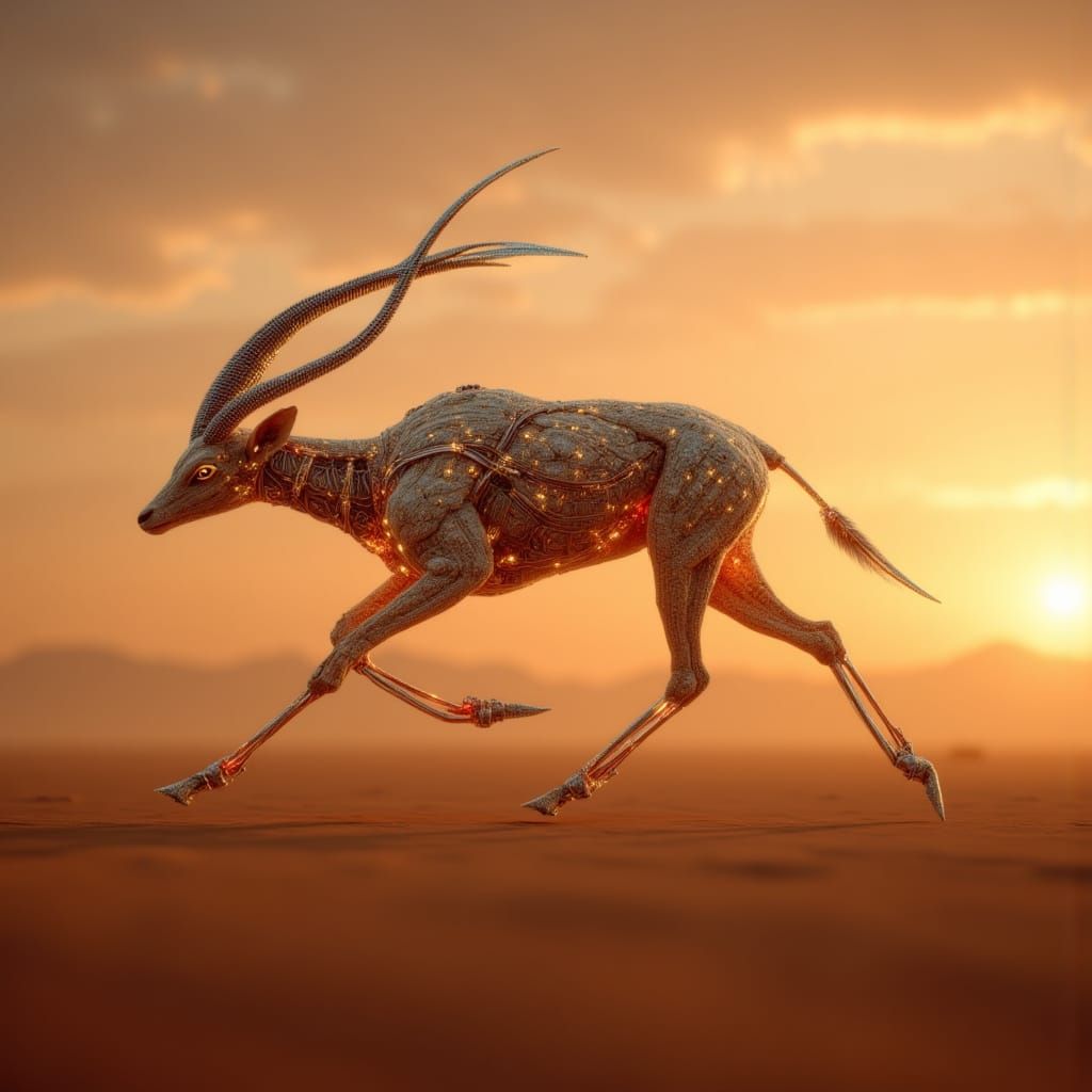 <lora:Animal Mutants:1.0> HD photography of a sci-fi alien mutant gazelle with prismatic cartilage spires and twitching electro-hooves, spri...