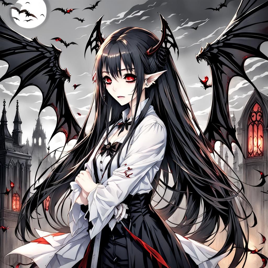 anime, female, vampire, gothic, long hair, wings