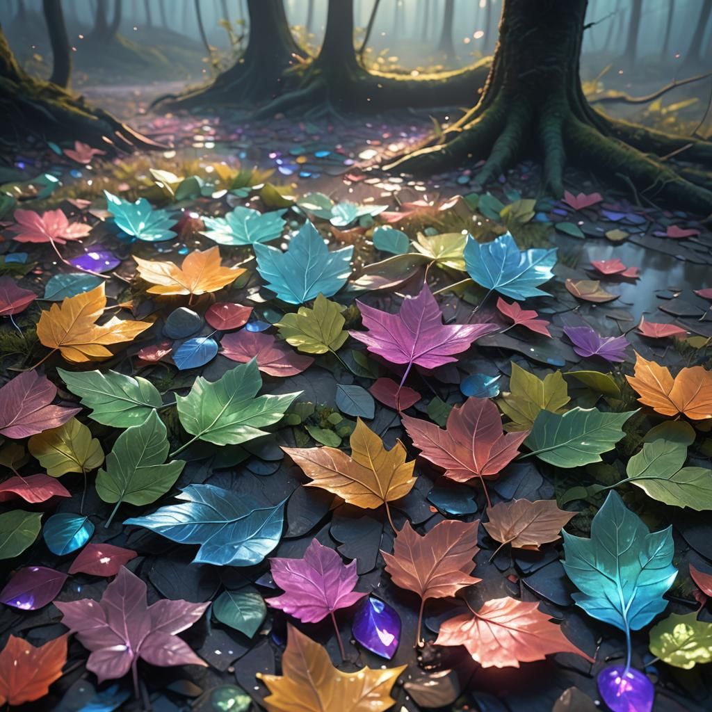 Misty Forest Floor with Glass Leaves: Fantasy Art