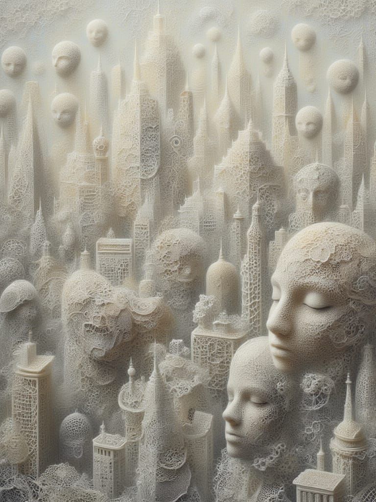 <lora:kak-lacemadness:1.0>Illustration of a lace collage, city, and heads covered in lace