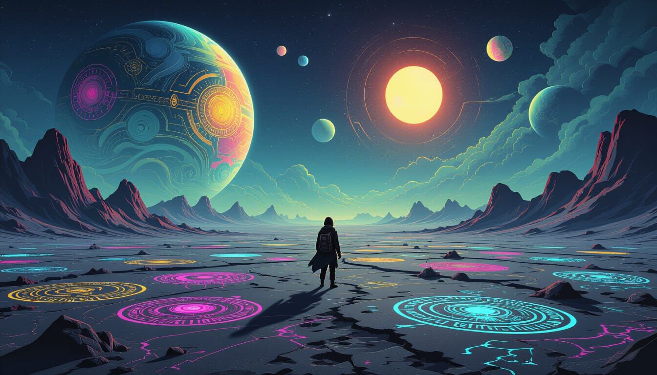 Alien World with Glowing Symbols and Lone Traveler