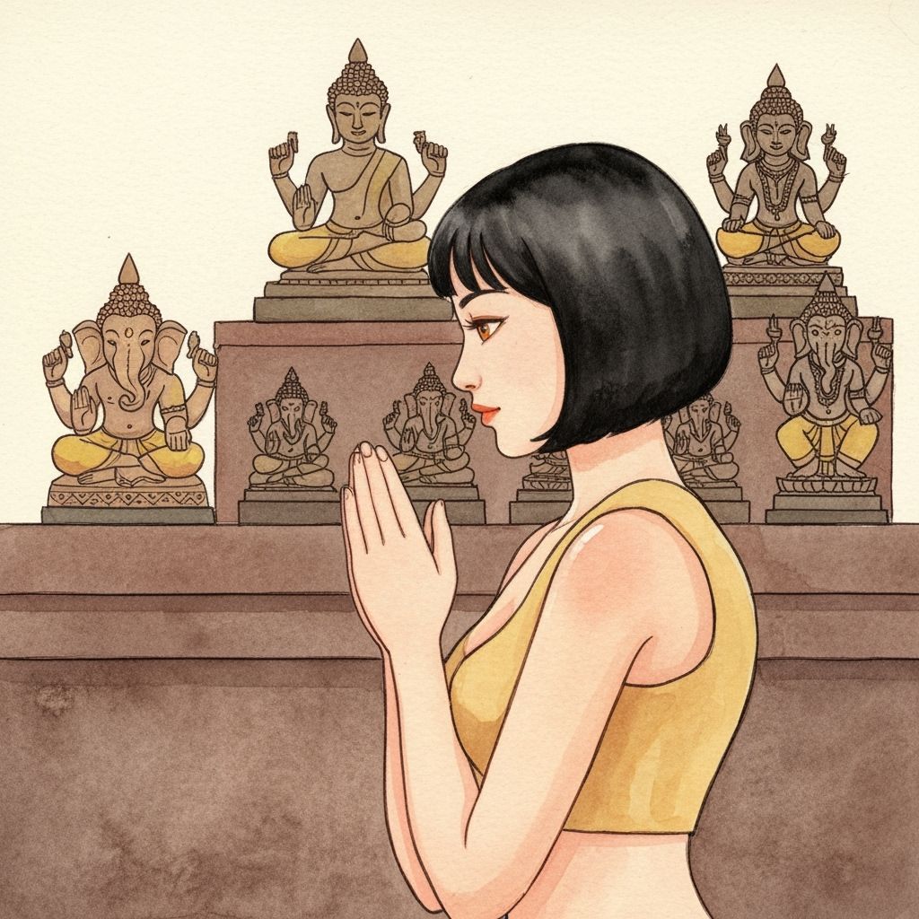 Thai Woman Praying Before Altar in Watercolor Style