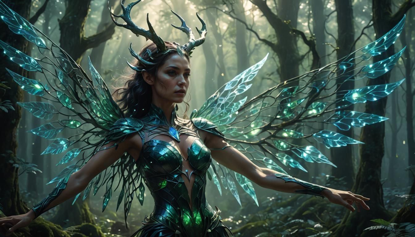 Concept art, medium shot, a woman changing into a beautiful ...