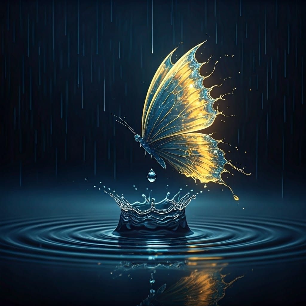 a drop of rain drips into a small puddle, bouncing off the surface of the puddle the drop rises up in ...  by @Barabashka