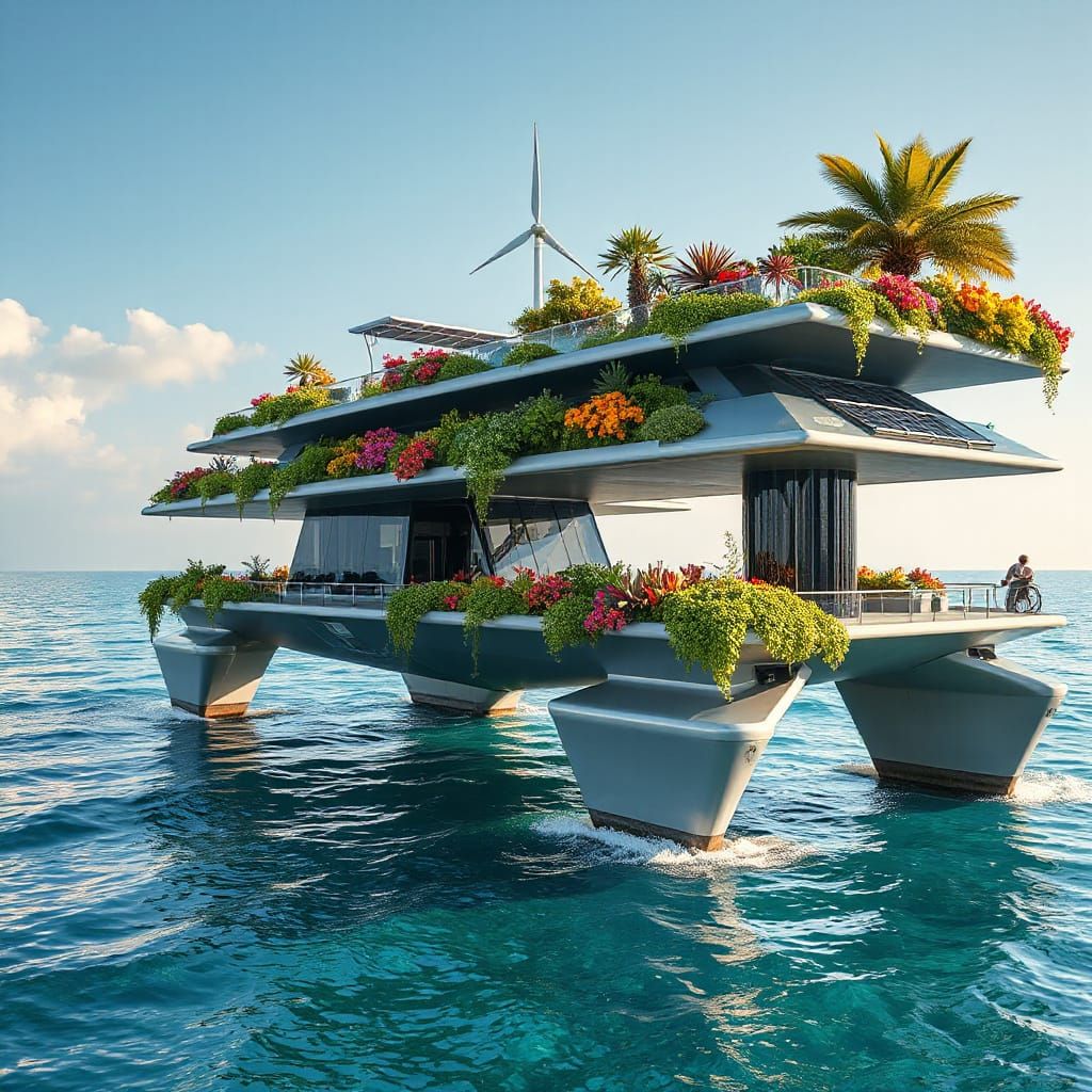 Multi-tiered marine platform with hanging gardens, solar panels and wind generators on a bright sunny ...  by @Olaf