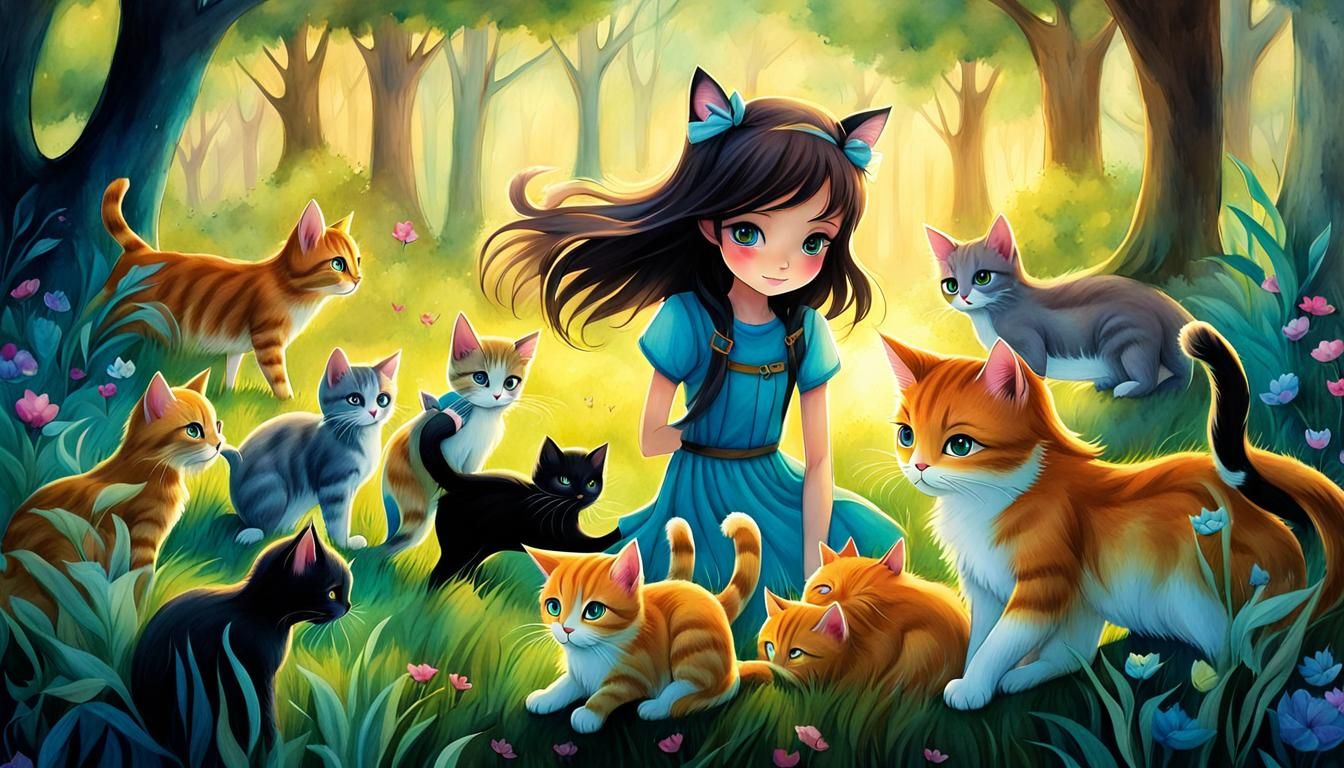 Catgirl with many cats