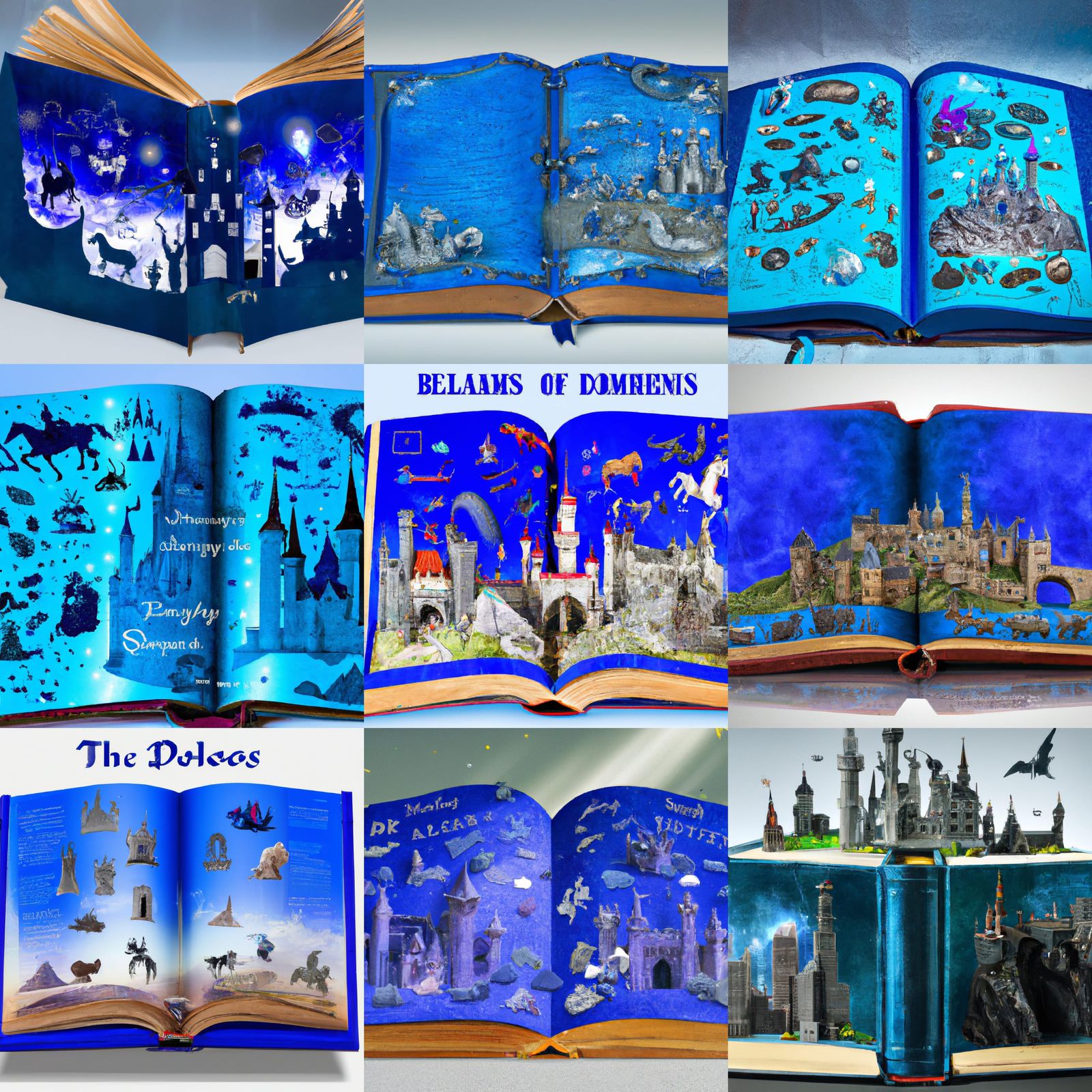 An open, dusty, old, royal blue book projecting wonders and ...