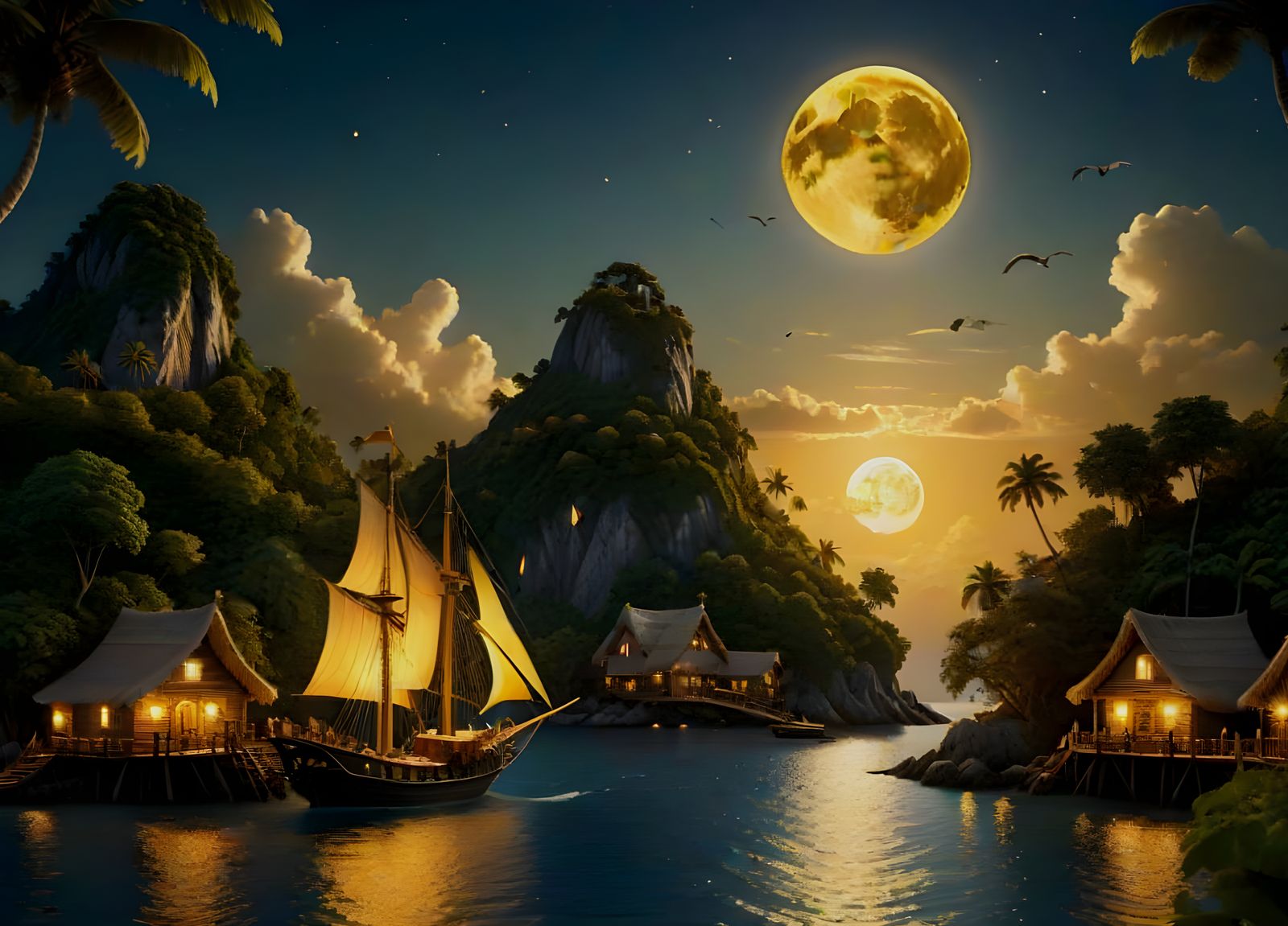 The ship sails leaves the quiet port at full moon  by @Bob Z