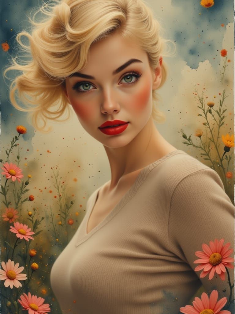 from below, stunning young blonde, with cute pigtails, in a flower garden, casual pose, super tight short tiny t-shirt, deep V line, chest s...