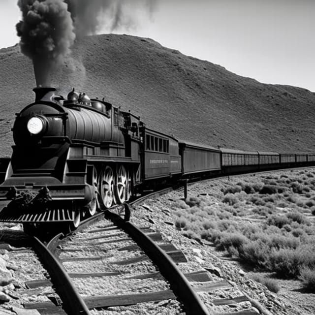photo 8k; ultrarealistic; antique; steam train on tracks goi...