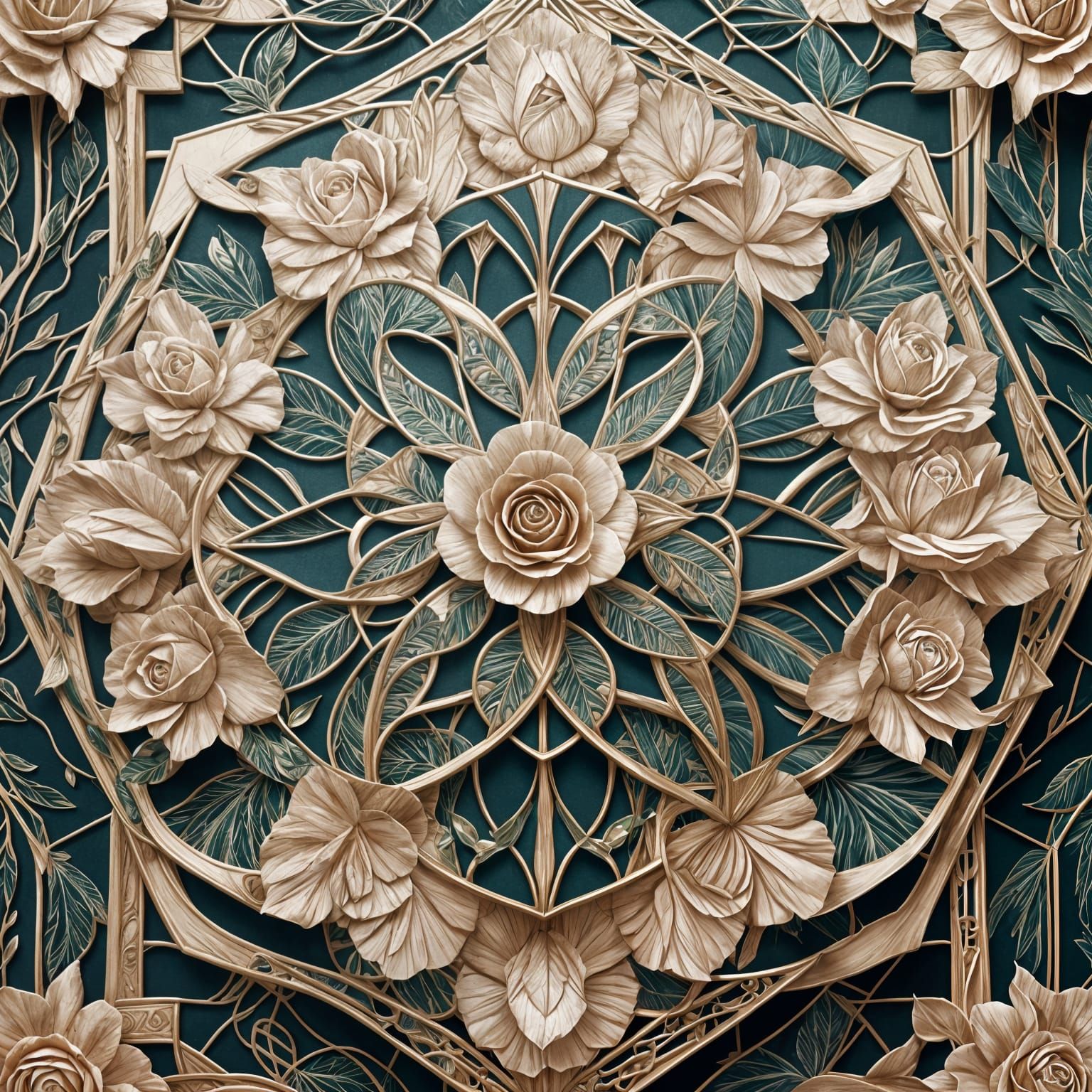 Stylized roses  intertwined in sharp, repeating hexagonal lines.  by @Dreamer in Hell