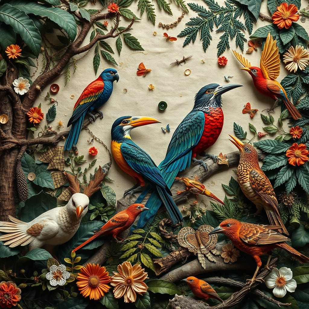 Jungle with birds and animals, insanely detailed collage of fabric and material overlaid, wool, cotton, ...  by @MrKitWalker