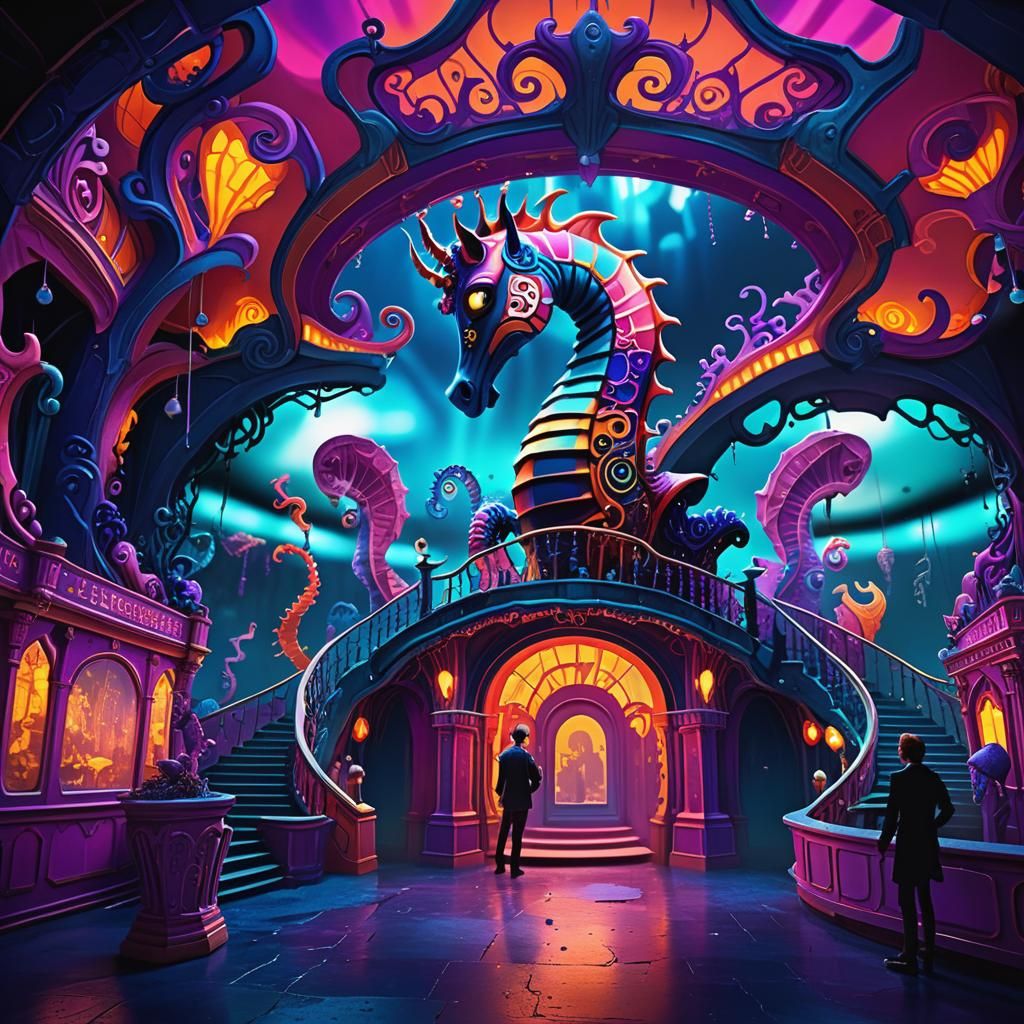 Spooky theatre funhouse in seahorse kingdom.