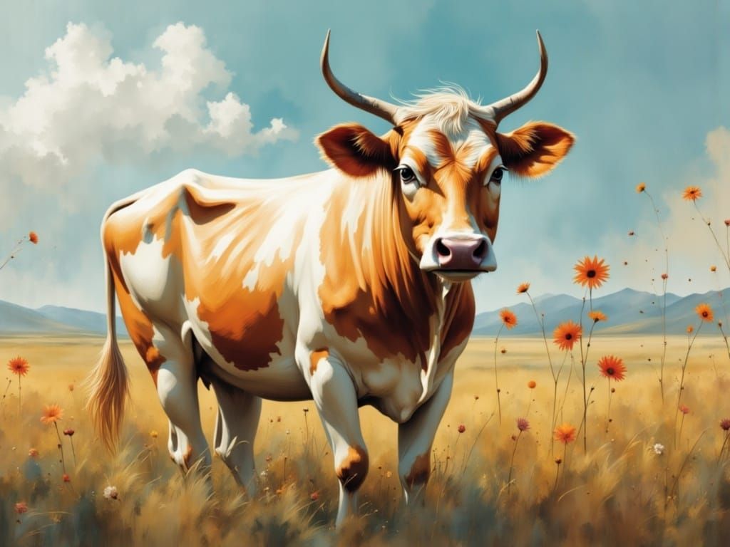 <lora:GAZLayeredArt:1.0> a cow in a field