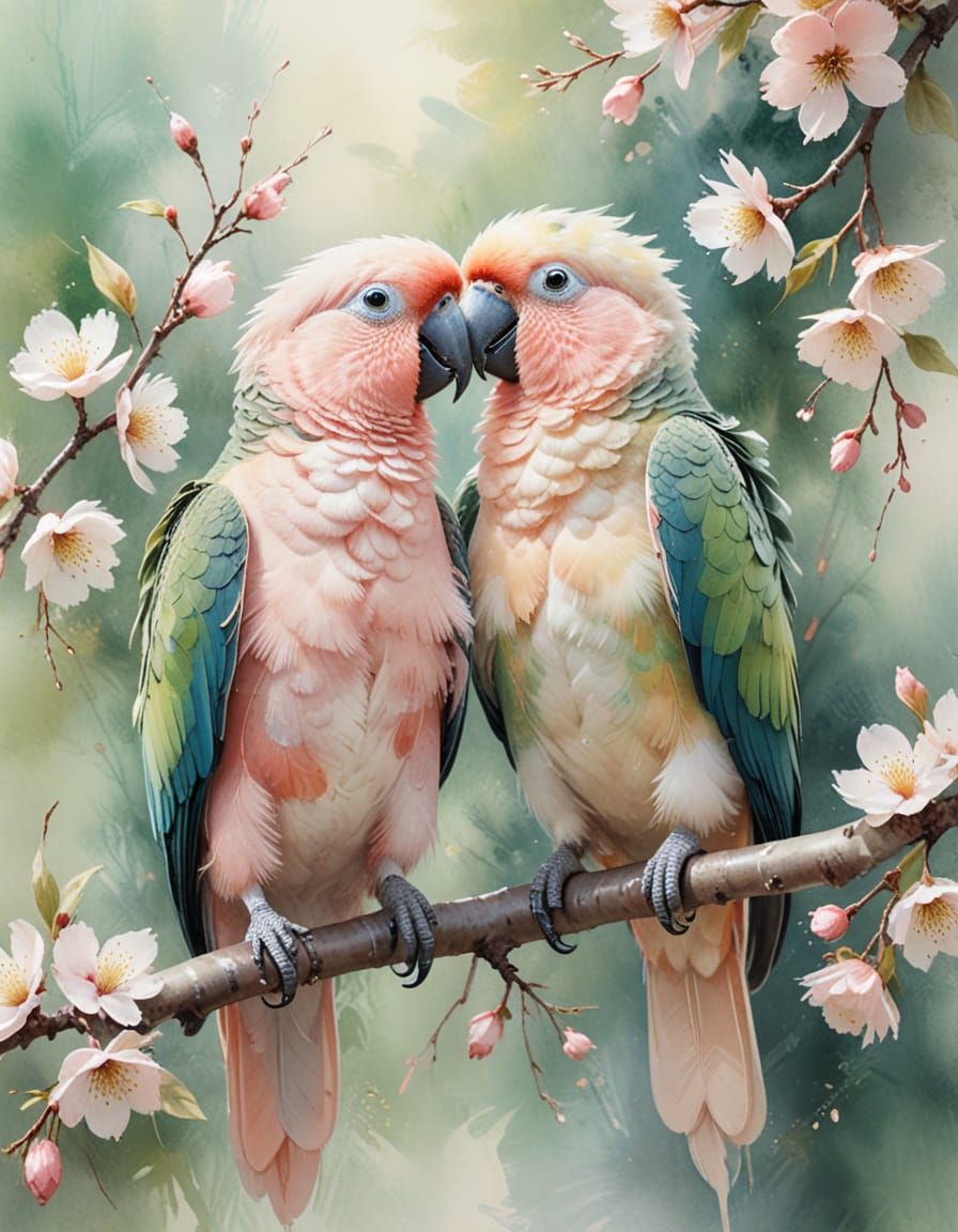 two pastel-hued parrots  by @Kosh