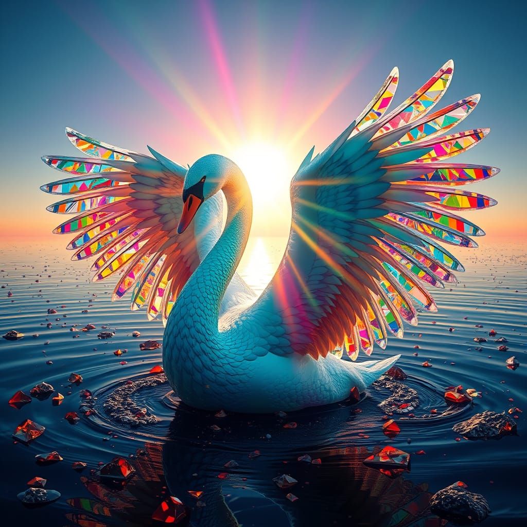 Glass Swan Refracts Rainbow Light in Matte Painting
