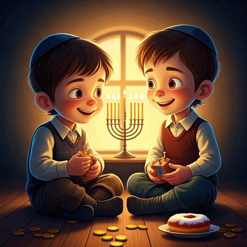Joyful Hanukkah Scene with Children and Dreidels