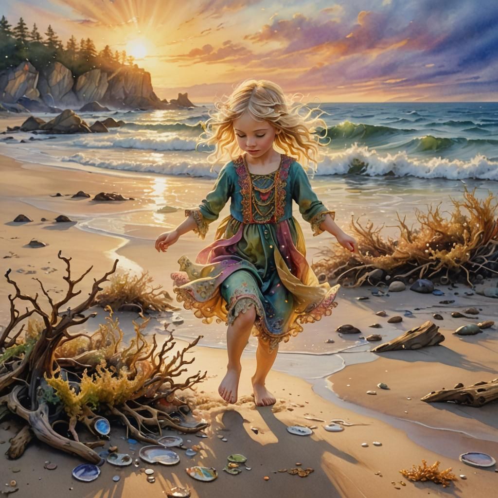 Watercolor fantasy scene featuring a small blond girl at the beach, reminiscent of the styles of Josephine ...  by @Aadje56 