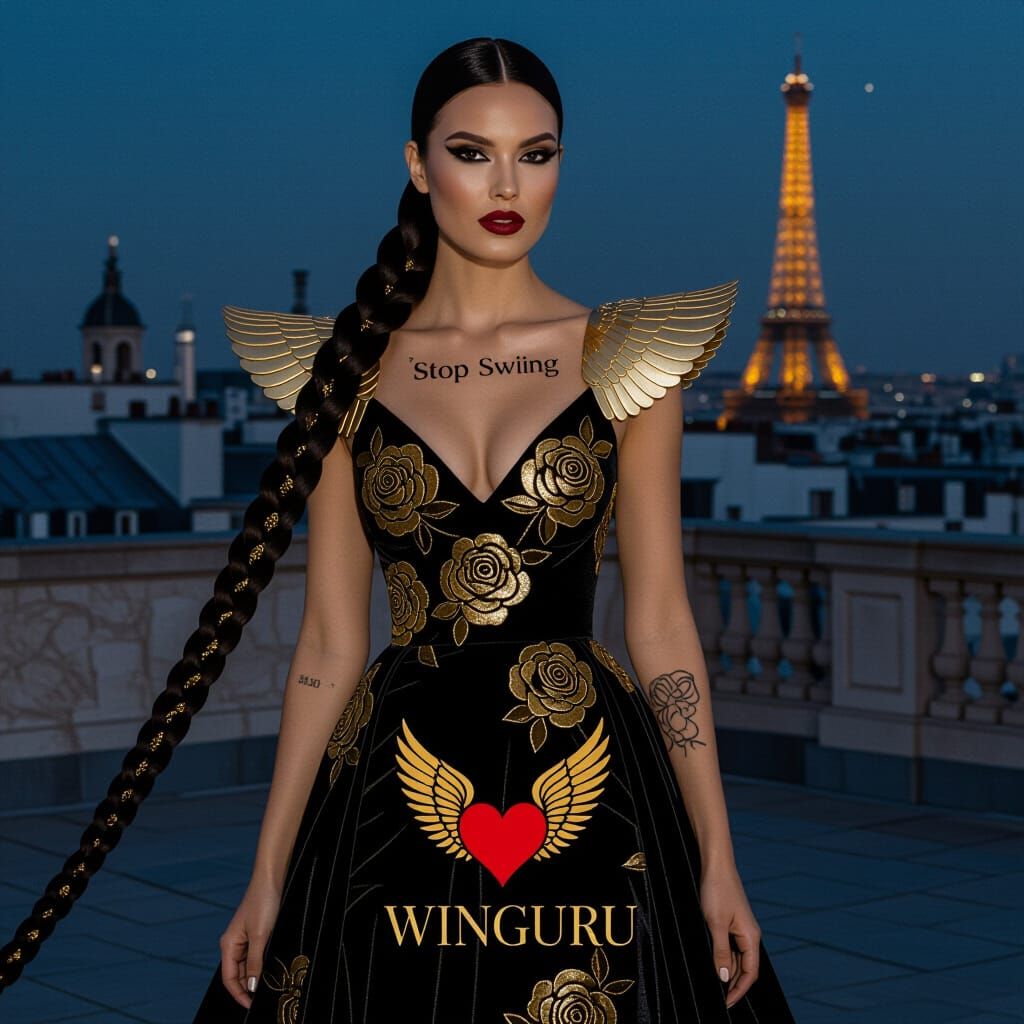 A woman with jet-black hair styled into a sleek, floor-length braid interwoven with golden threads, trailing behind her like a ribbon. She w...