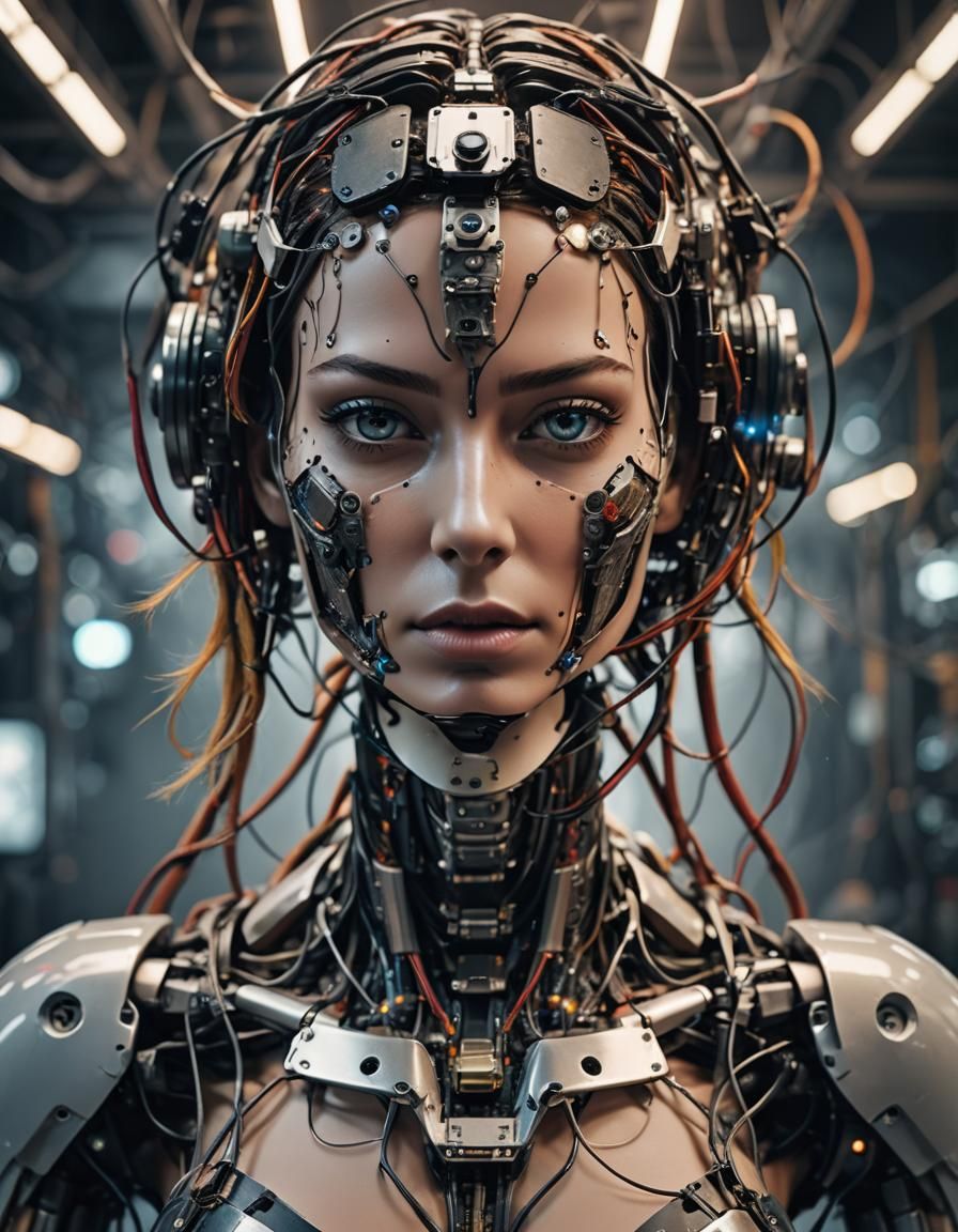 a top model girl half human and half robot with perfect face but neck ...