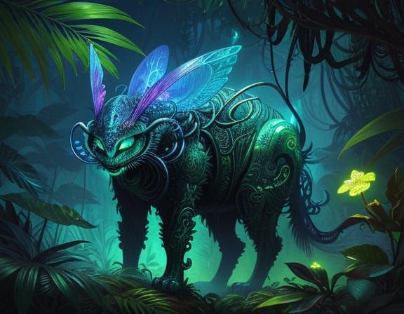 Whimsical Creature in Vibrant Alien Jungle