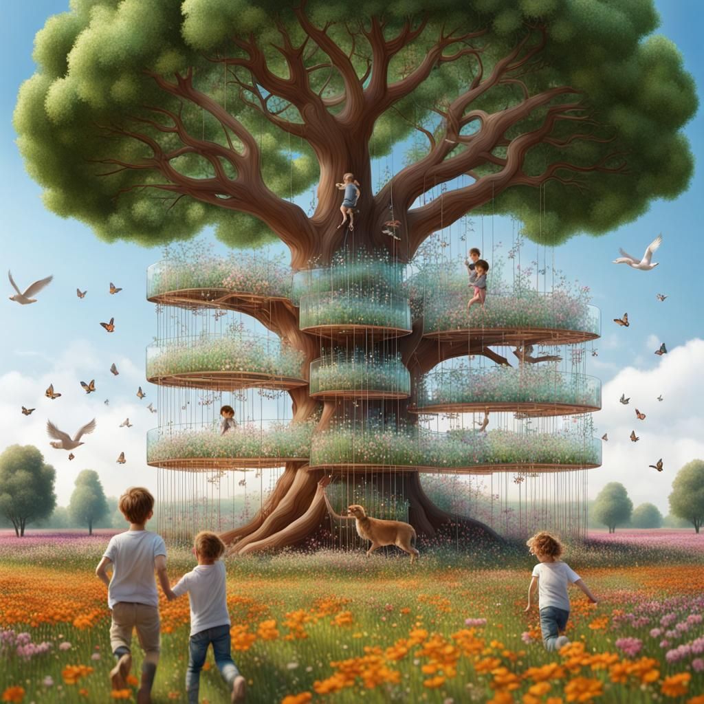 huge tree, Branches made of Glas pipes, flower field , a smi...