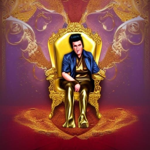 etailed matte painting of Elvis sitting in a golden chair  ,...