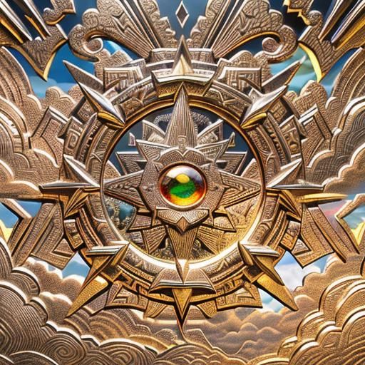 Maori Carving, sky, sunrays, clouds, mirrors, Highly Detaile...