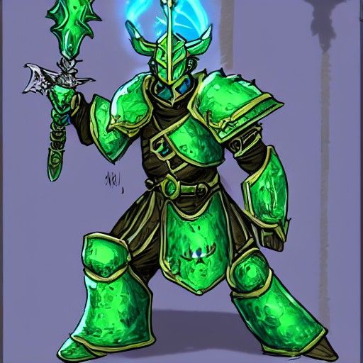 A blue dragonborn paladin in in green armor, with a sword wr...