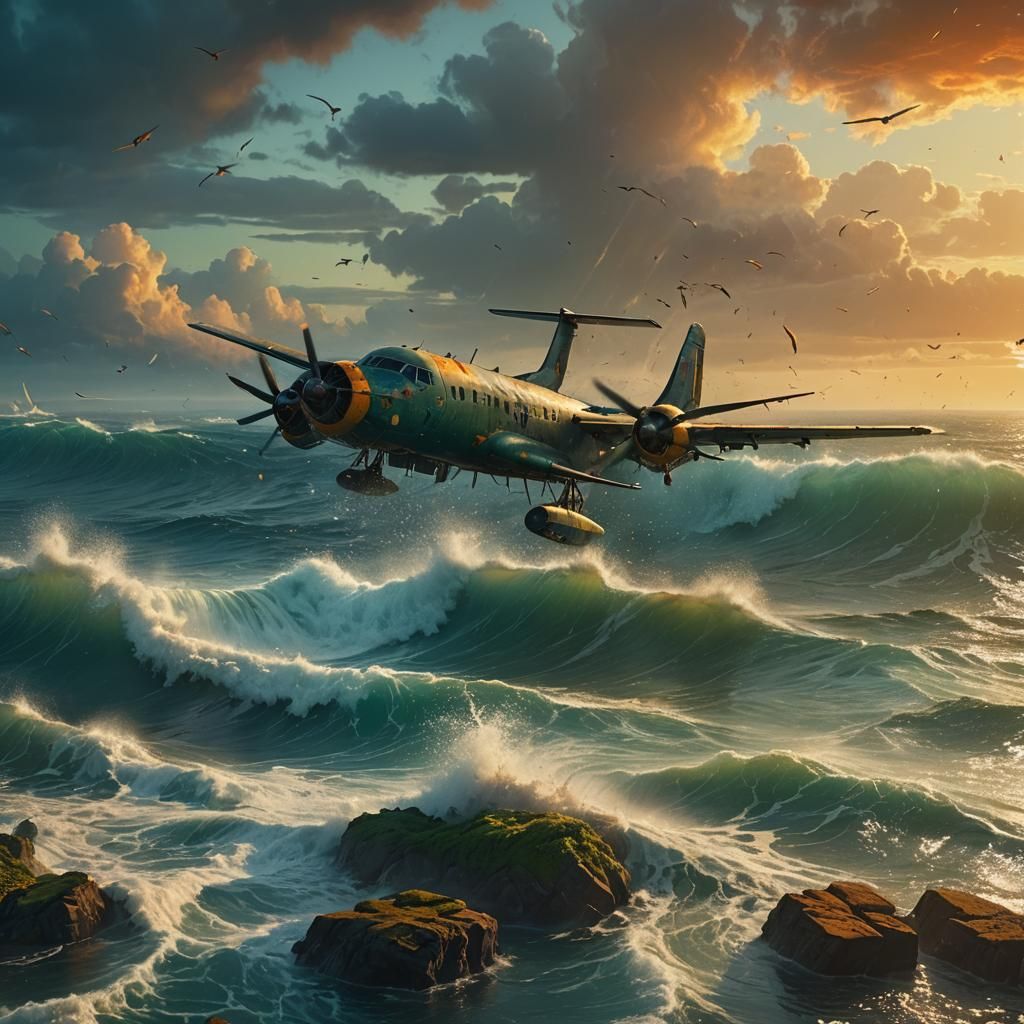 Plane Crash in Ocean: Beksiński-Inspired Art
