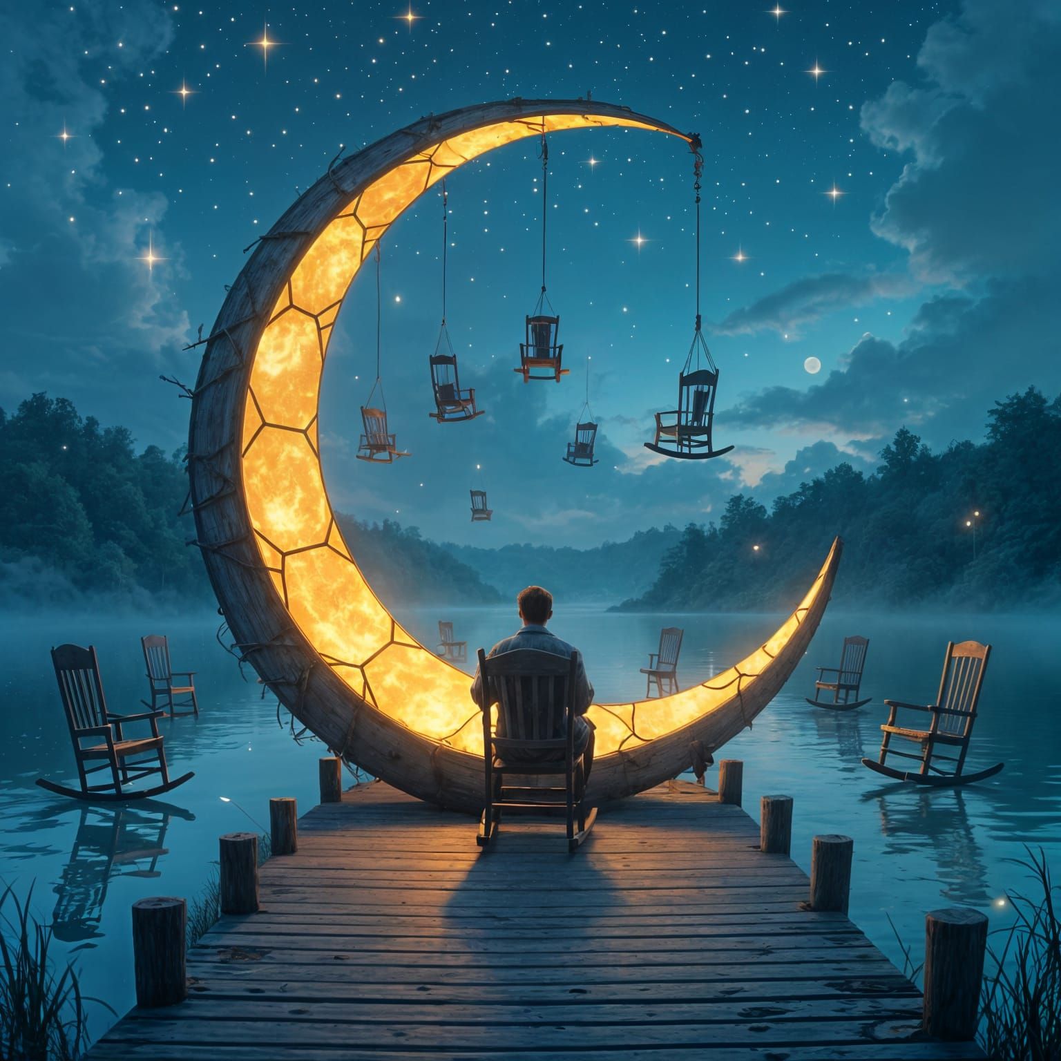 A surreal twilight landscape where dozens of vintage rocking chairs float gently above a misty lake, each rocking slowly as if moved by an u...