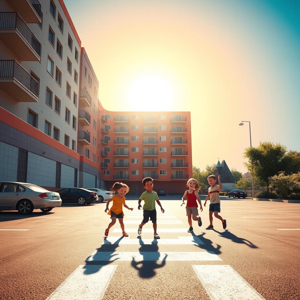 kids playing hopscotch in a parking lot in the shade of apar...