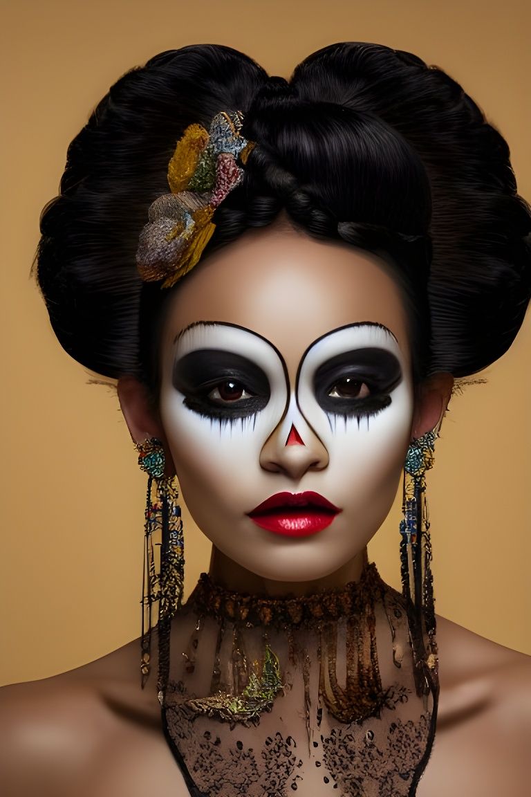 Wide angle, zoomed out, portrait of an african-mexican Catrina beauty ...