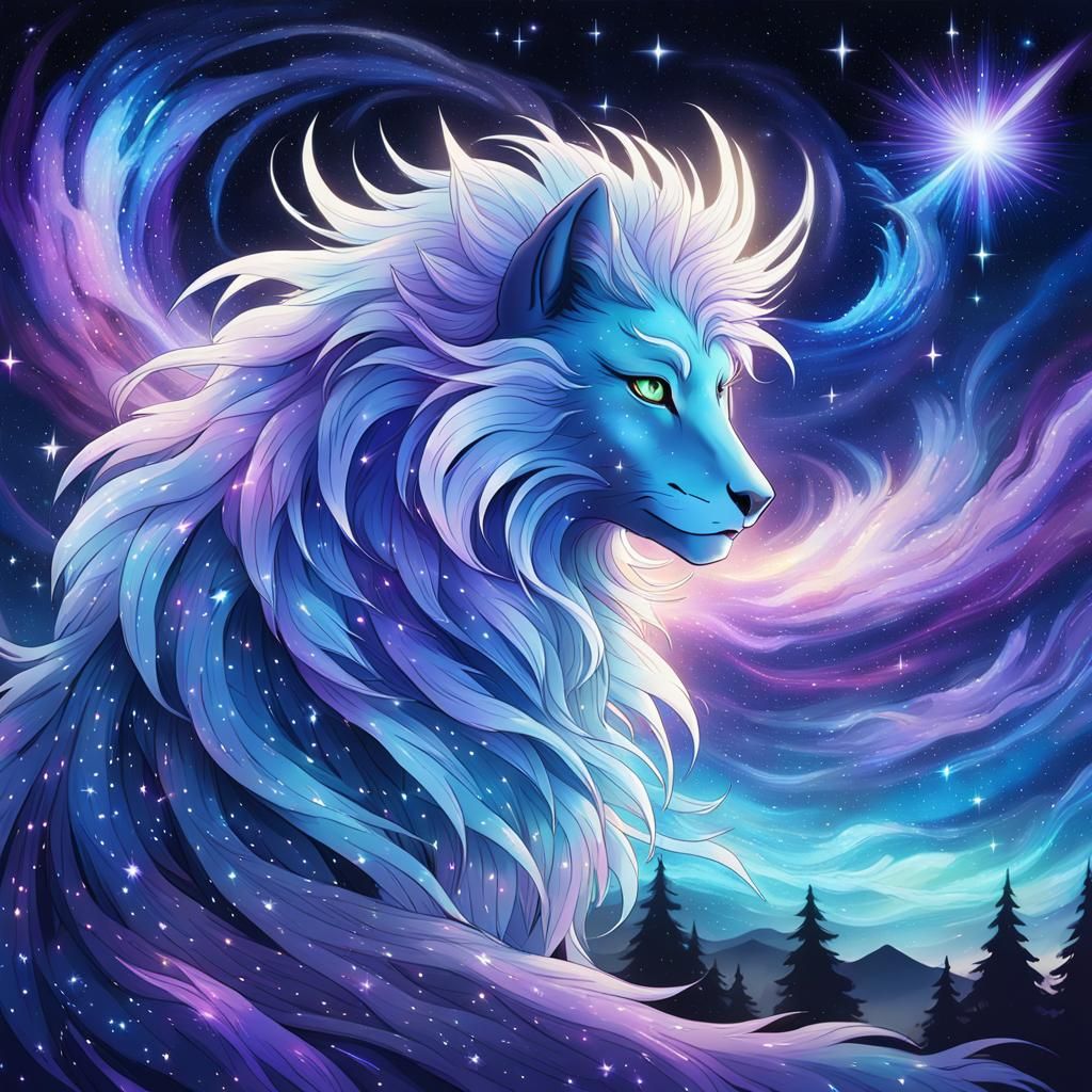 Ethereal Celestial Animal Soaring Through Galaxy, Anime Art