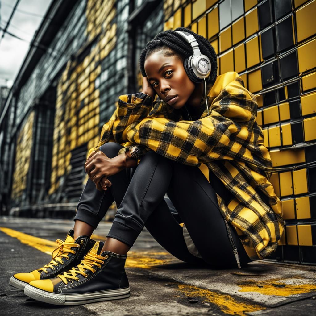 plaid yellow and black, Hightop shoes, hip hop, female writer, headphones  by @holley4734