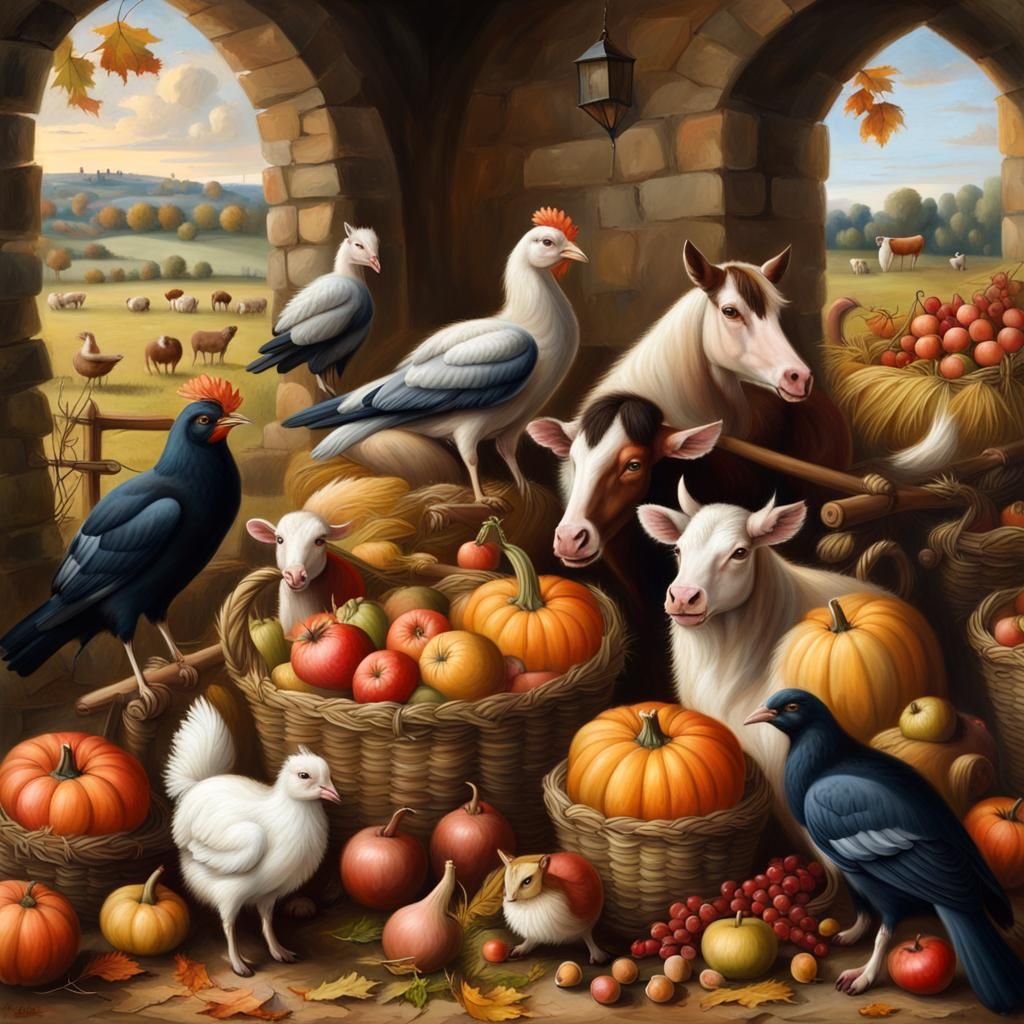 medieval England farm animals enjoying the fall harvested fruits and vegetables, realistic oil painting ...  by @AmyLuPotter