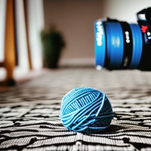 A large ball of blue yarn strung across the floor