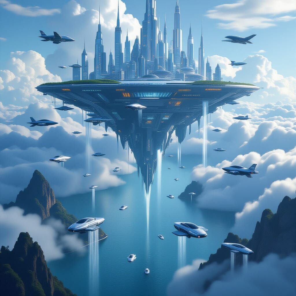 Futuristic Floating City Above Serene Ocean