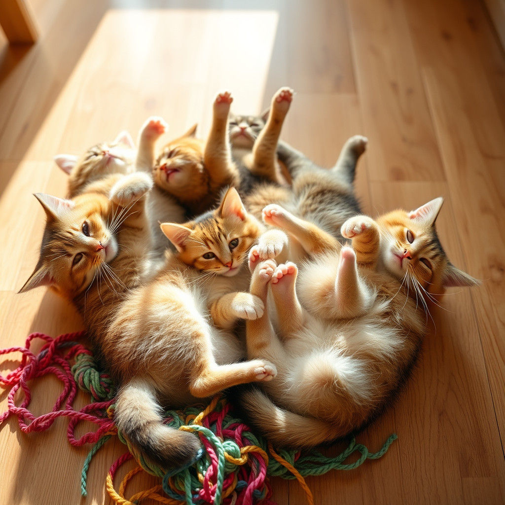 Playful Cats Tumble in Sun-Drenched Yarn