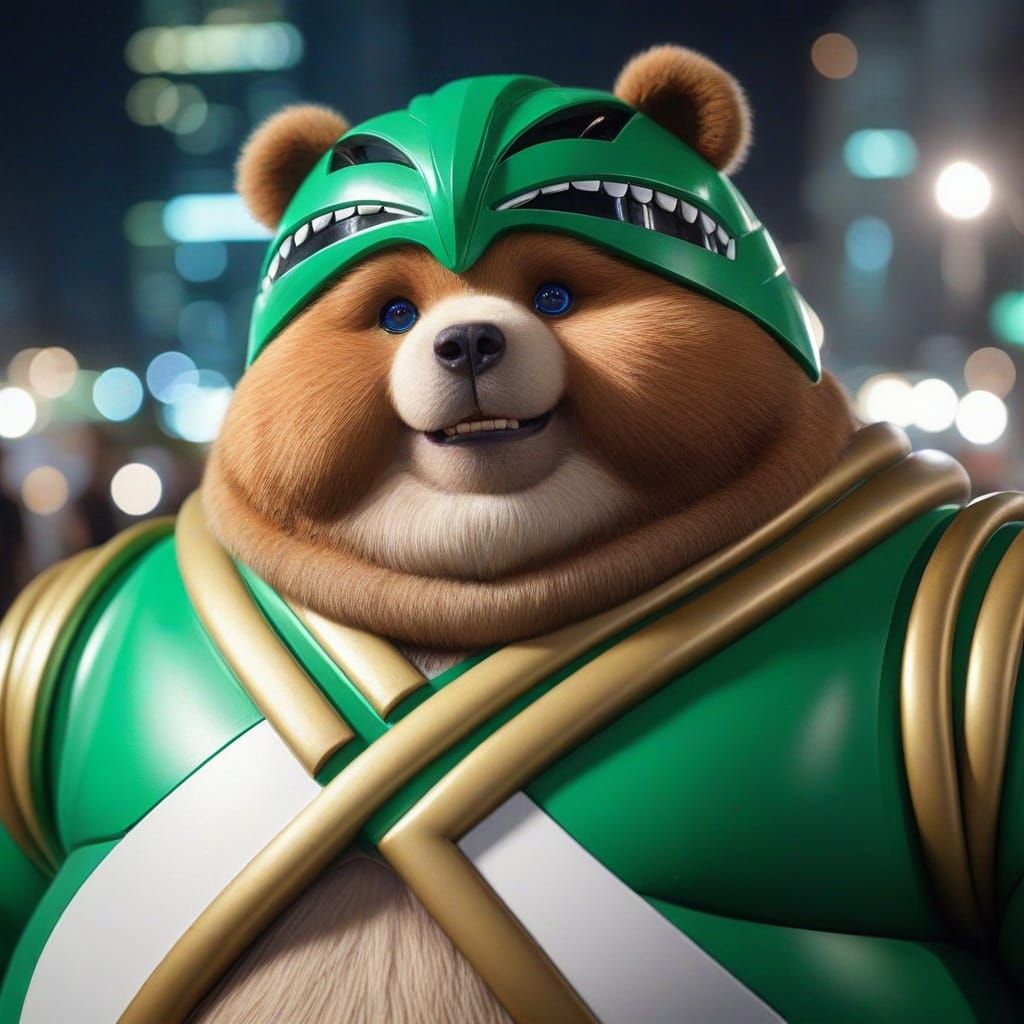 Fattened Kodiak Bear Power Ranger in Vibrant Citys... - AI Art
