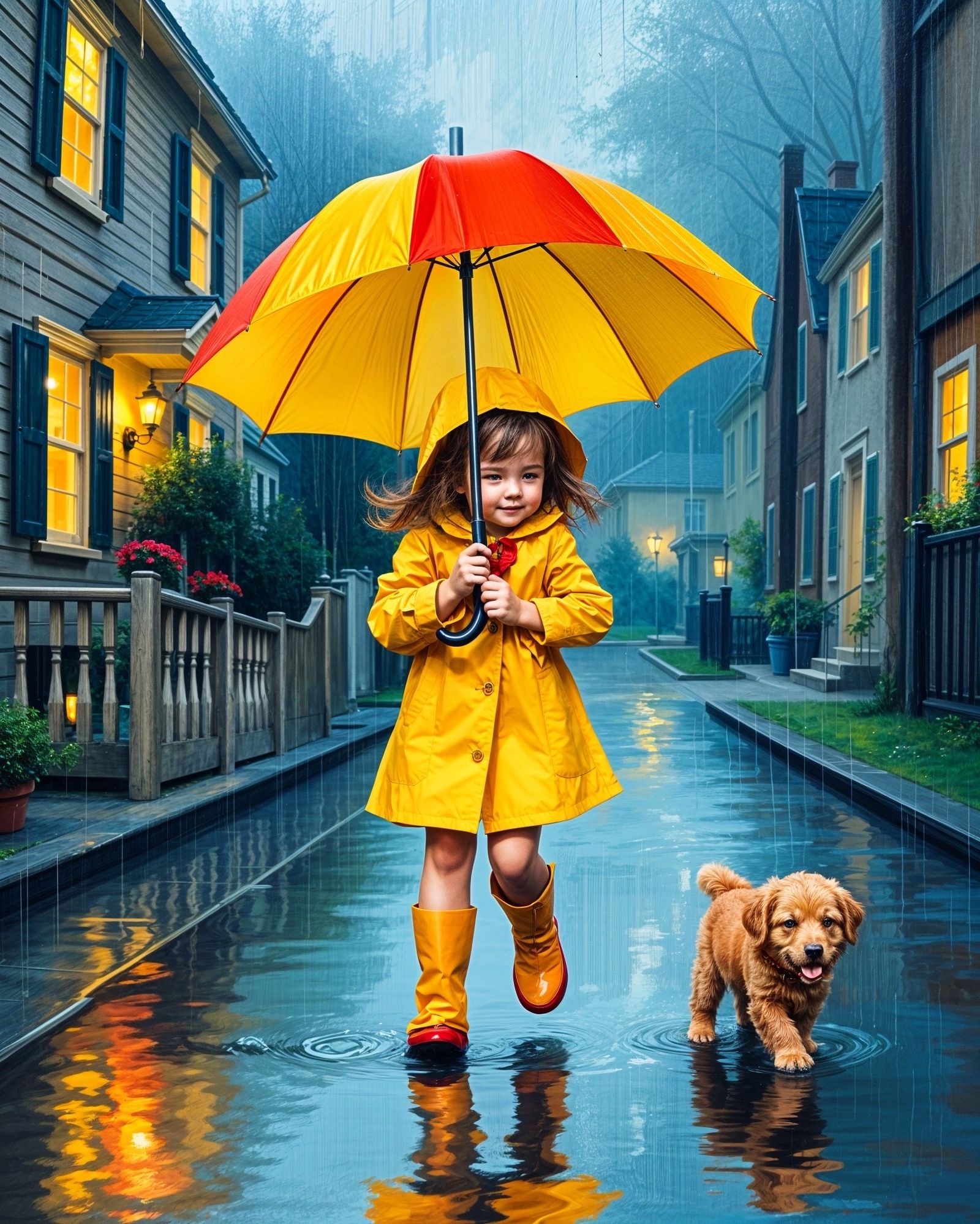 Dog walking in the rain.