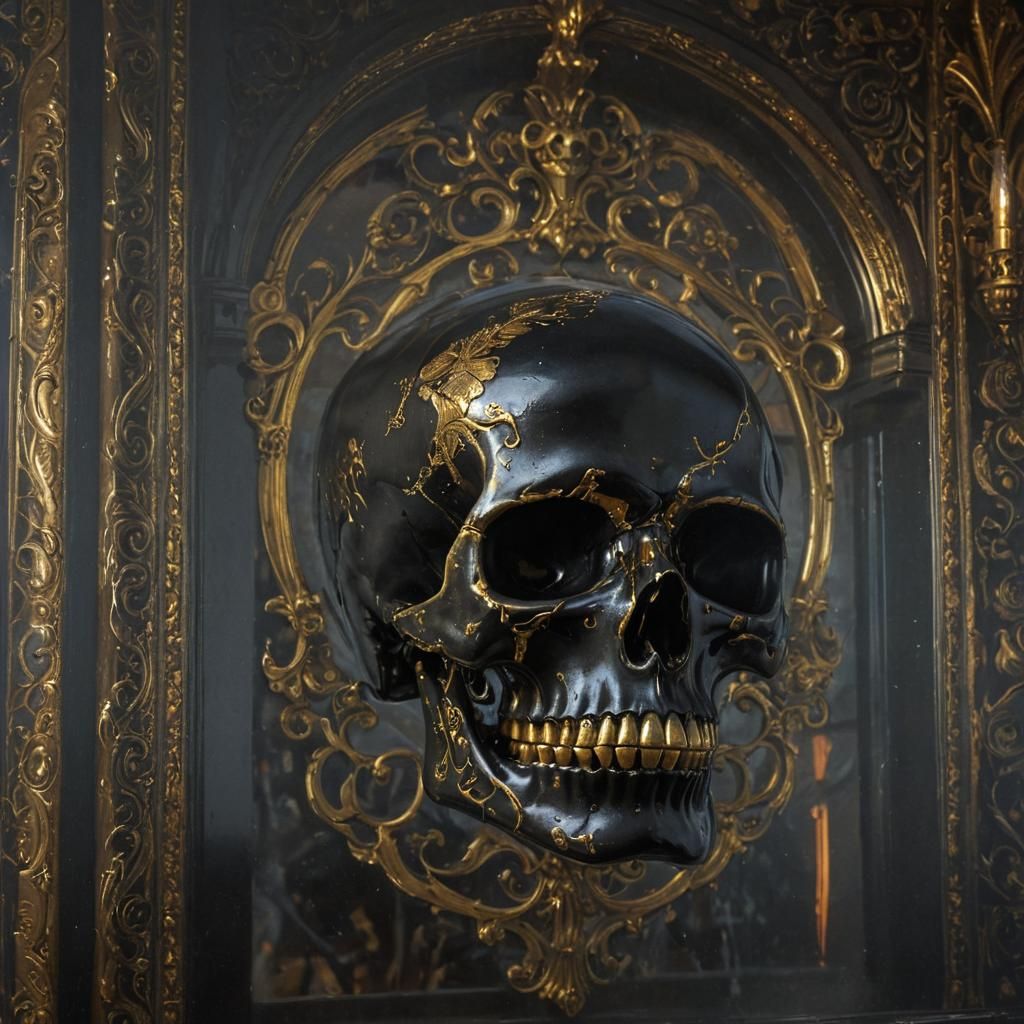 Black with gold Skull room Hyperrealistic, splash art, concept art, mid