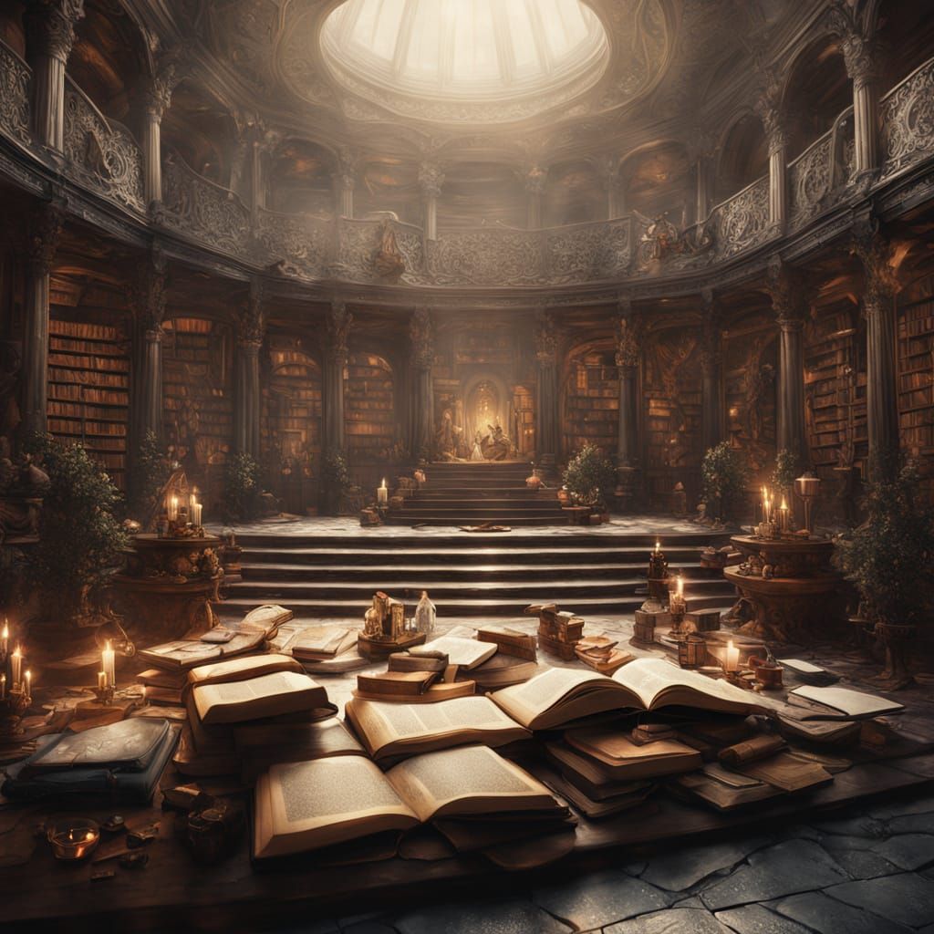 A celestial library filled with floating books and stardust, bathed in soft, ethereal light. 1