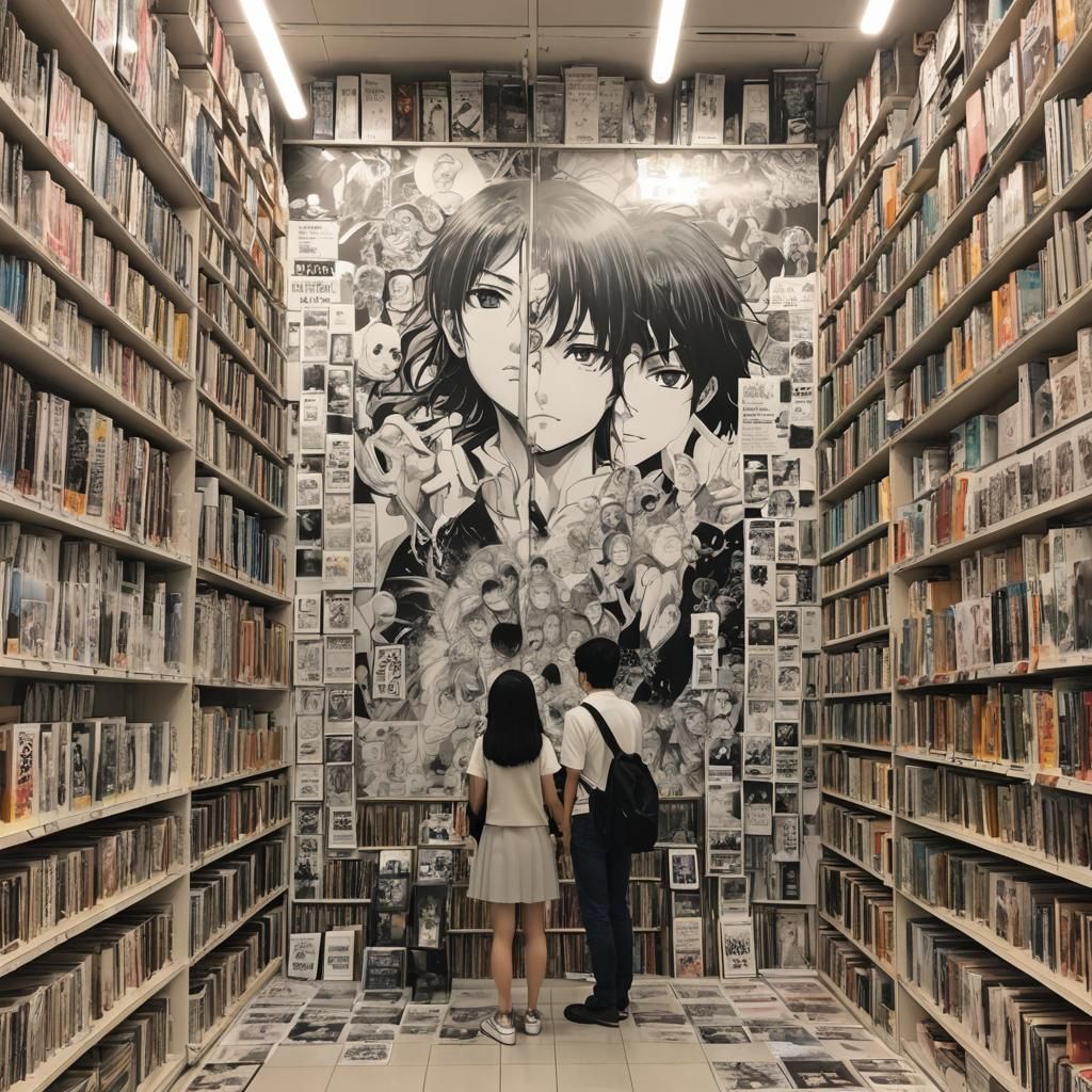 a giant manga page inside a bookstore