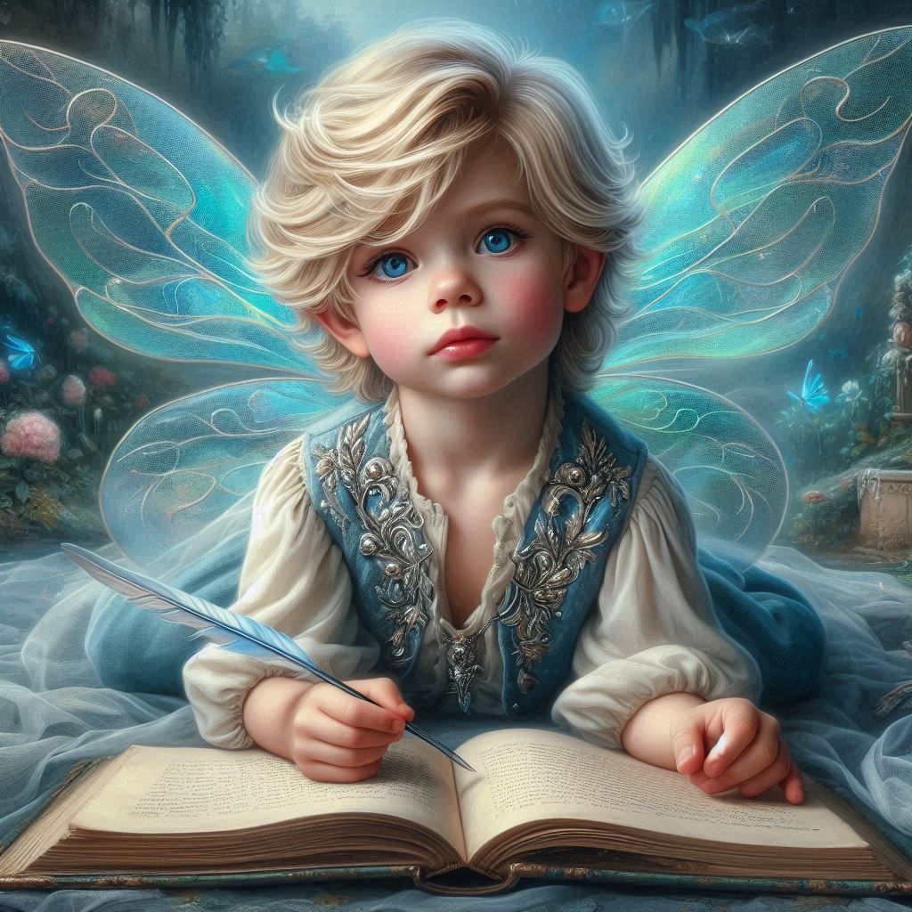 Cute little fairy boy writing in his journal