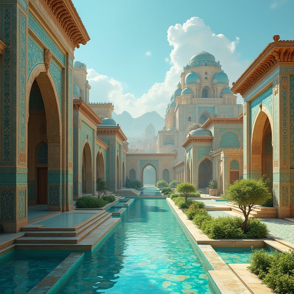 A royal city in ancient Persia characterized by buildings and palaces painted all in turquoise down to ...  by @h biton