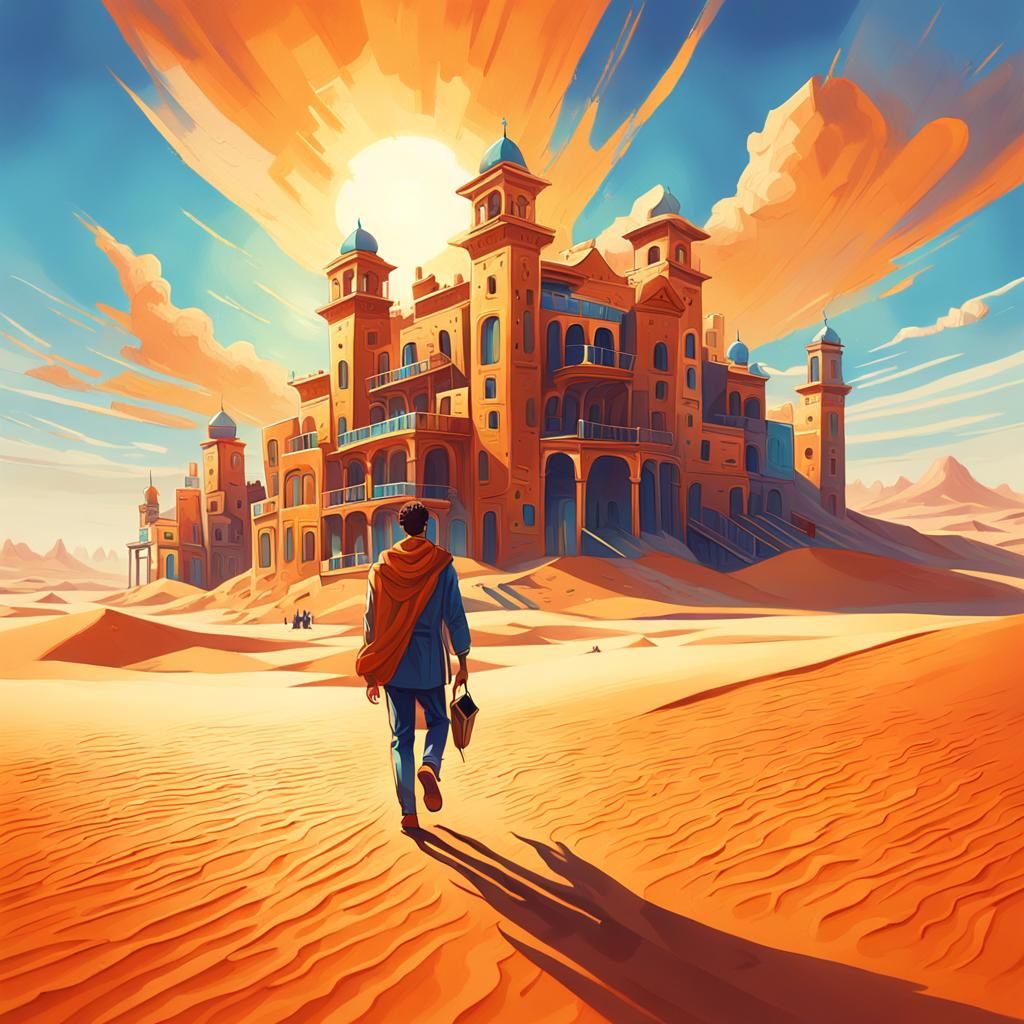 Desert Trek to a Distant Cityscape